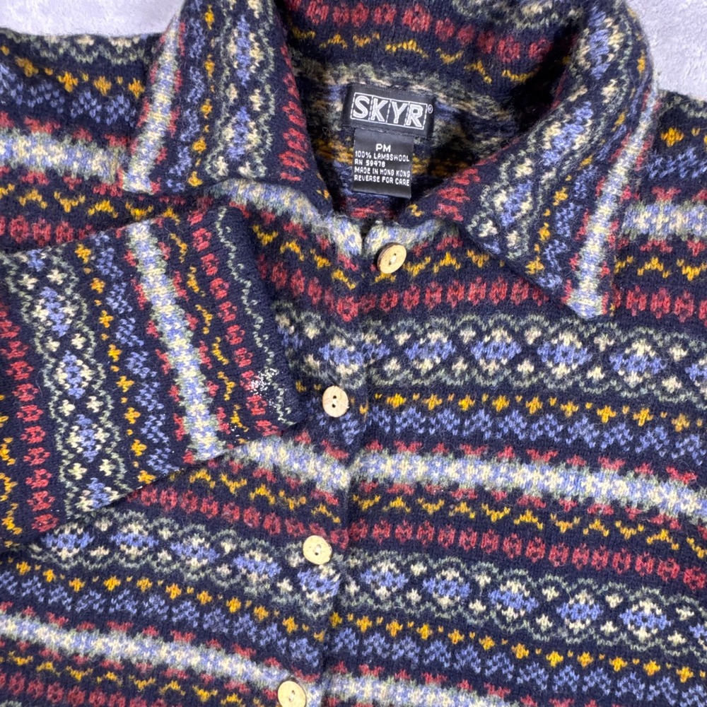 Skyr Womens PM Lambswool Fair Isle Button Front Cardigan Sweater Navy Multi